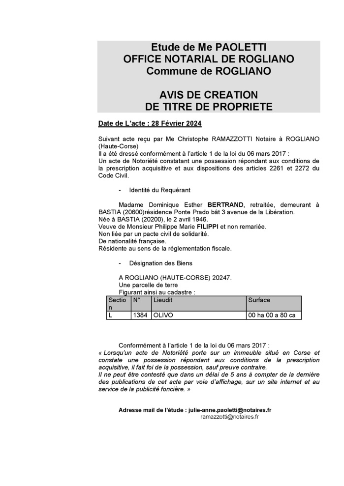 Avis de création de titre de propriété - Commune de Ruglianu (Cismonte)