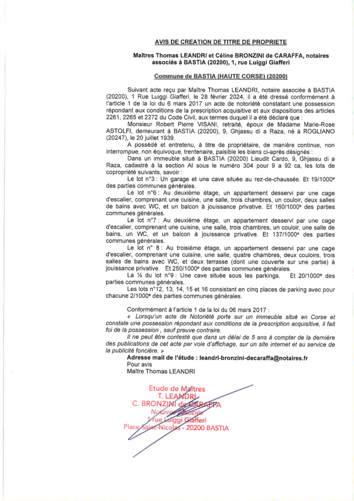 Avis de création de titre de propriété - Commune de Bastia (Cismonte)
