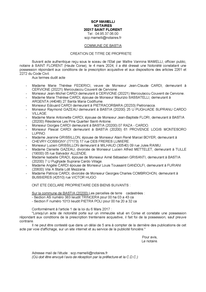 Avis de création de titre de propriété - Commune de Bastia (Cismonte)