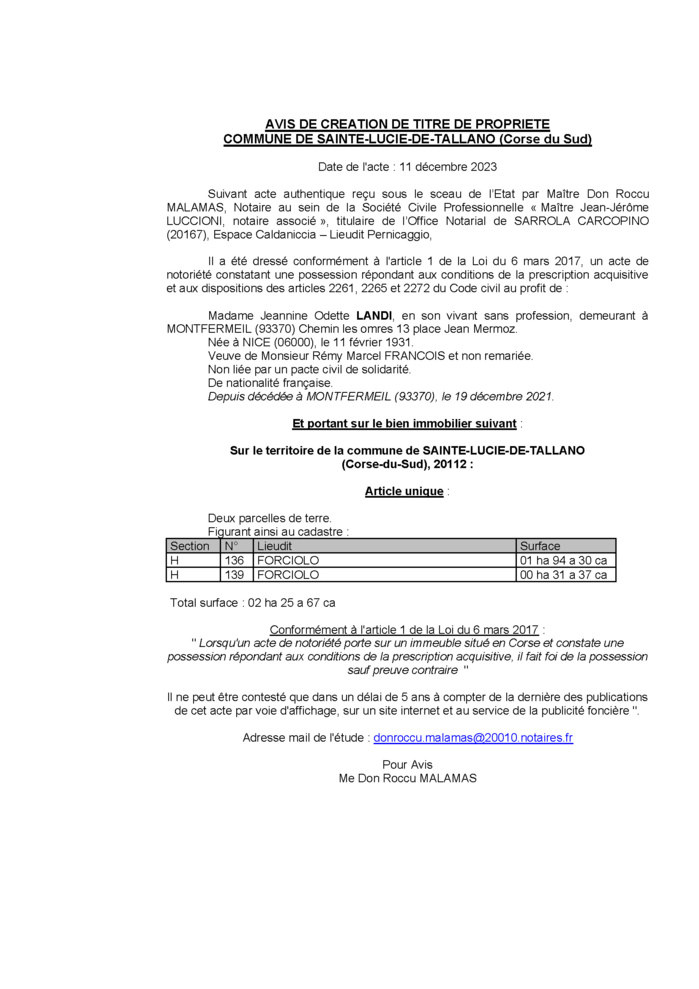 Avis de création de titre de propriété - Commune de Santa Lucia di Tallà (Pumonti)