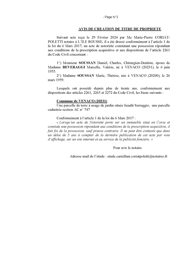 Avis de création de titre de propriété - Commune de Venacu (Cismonte)