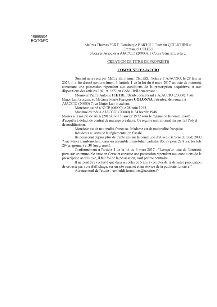 Avis de création de titre de propriété - Commune d'Aiacciu (Pumonti)
