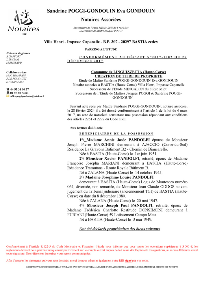 Avis de création de titre de propriété - Commune de Linguizzetta (Cismonte)