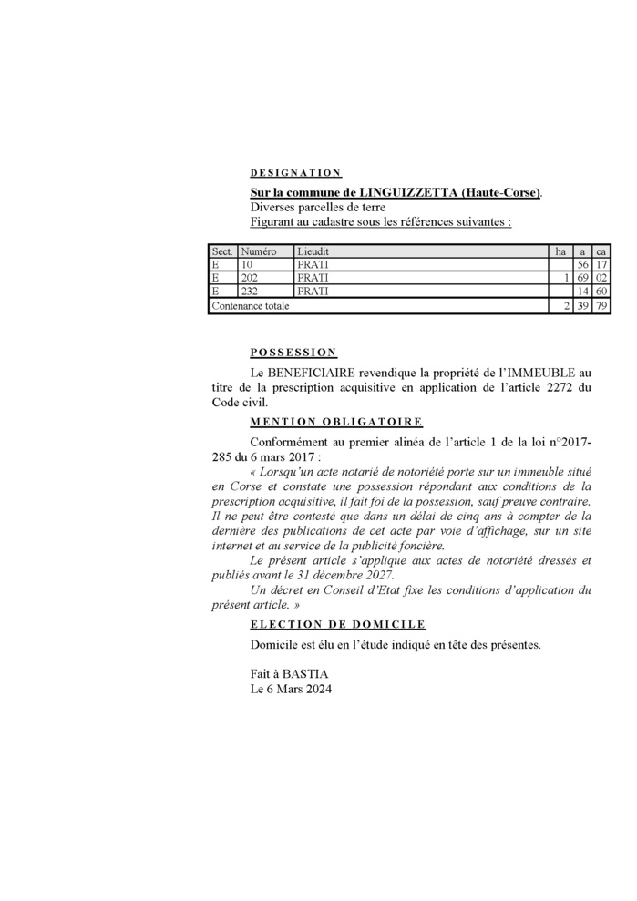 Avis de création de titre de propriété - Commune de Linguizzetta (Cismonte)