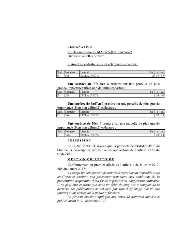 Avis de création de titre de propriété - Commune de Matra (Cismonte)