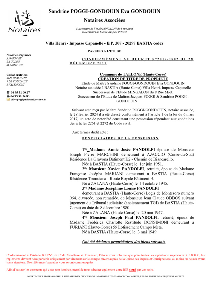 Avis de création de titre de propriété - Commune de Tallone (Cismonte)