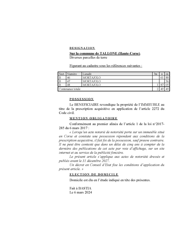 Avis de création de titre de propriété - Commune de Tallone (Cismonte)