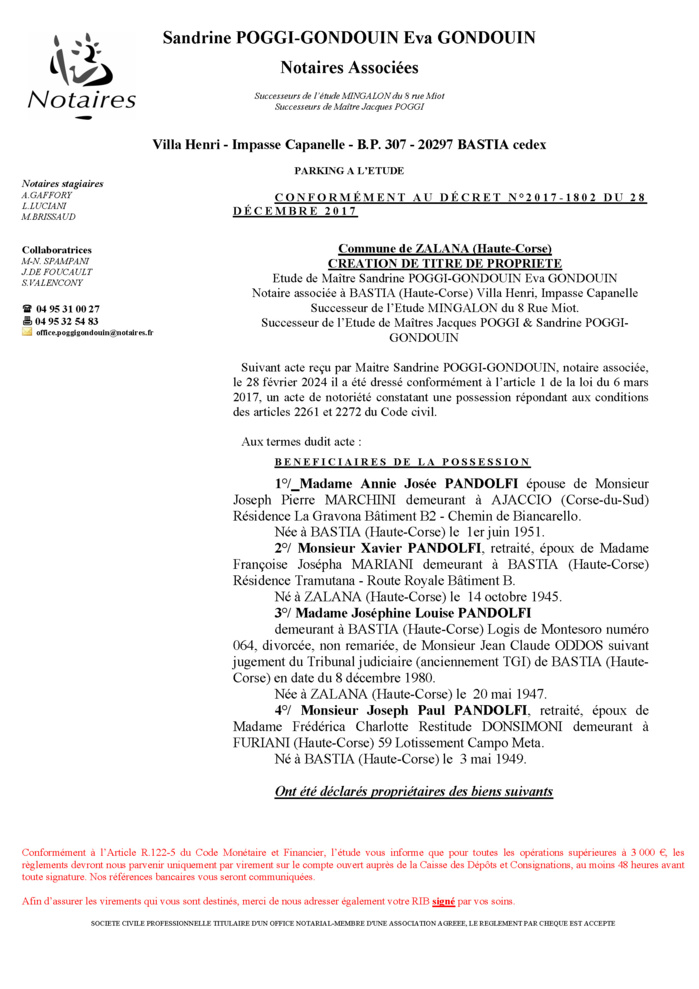 Avis de création de titre de propriété - Commune de Zalana (Cismonte)