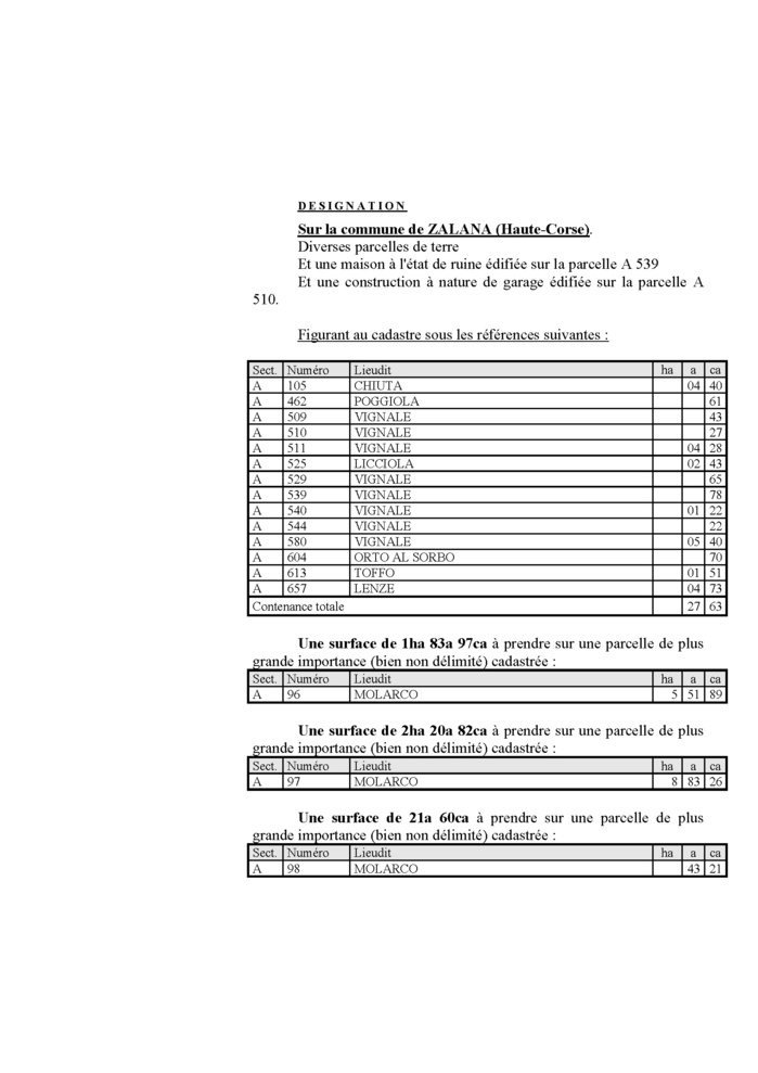 Avis de création de titre de propriété - Commune de Zalana (Cismonte)