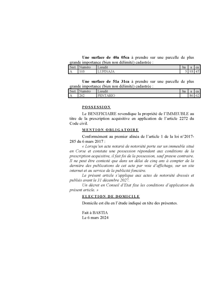 Avis de création de titre de propriété - Commune de Zalana (Cismonte)