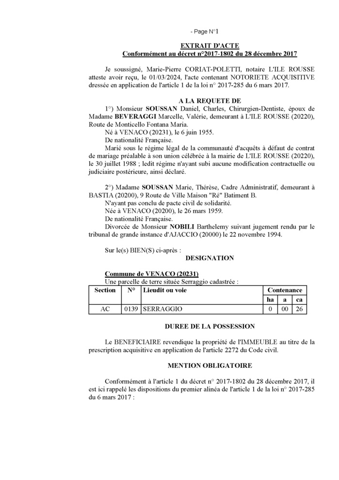 Avis de création de titre de propriété - Commune de Venacu (Cismonte)