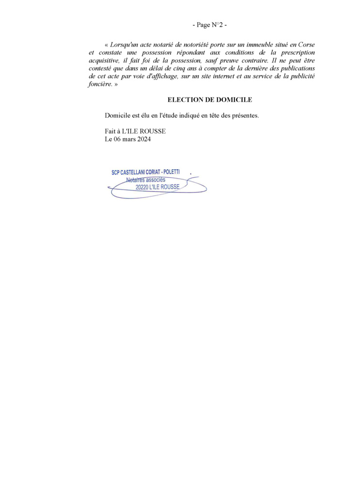 Avis de création de titre de propriété - Commune de Venacu (Cismonte)