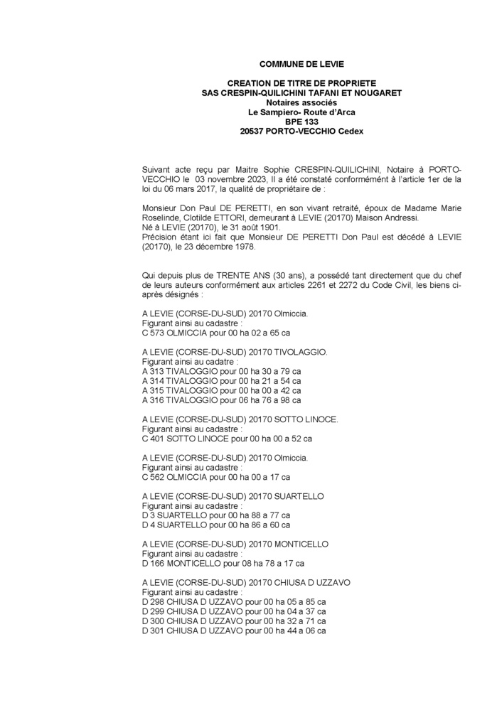 Avis de création de titre de propriété - Commune de Livia (Pumonti)