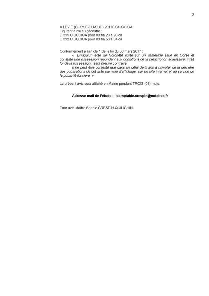 Avis de création de titre de propriété - Commune de Livia (Pumonti)