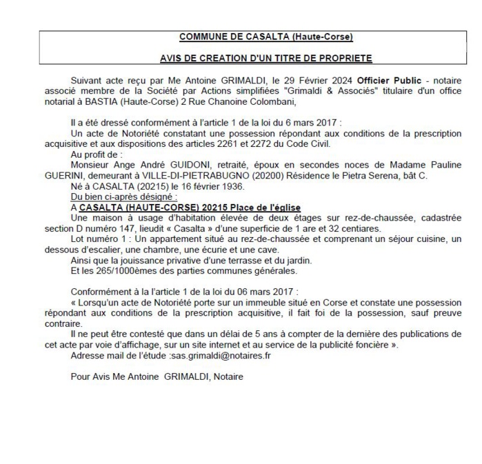 Avis de création de titre de propriété - Commune de Casalta (Cismonte) Avis de création de titre de propriété - Commune de Casalta (Cismonte)