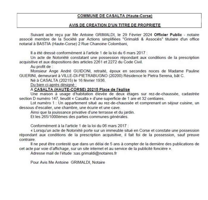 Avis de création de titre de propriété - Commune de Casalta (Cismonte)