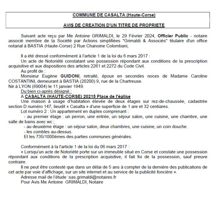 Avis de création de titre de propriété - Commune de Casalta (Cismonte)