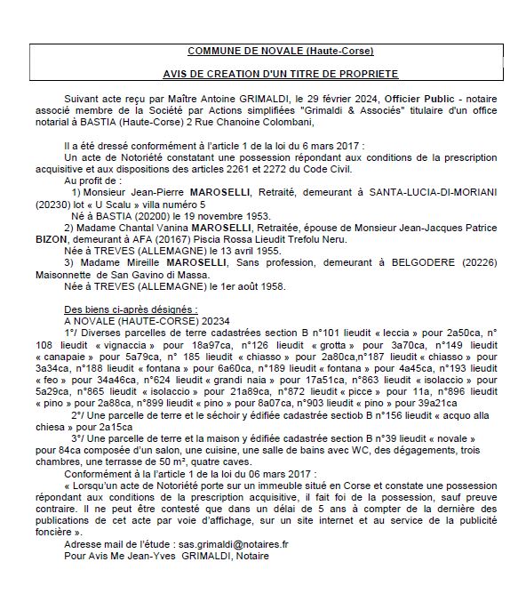 Avis de création de titre de propriété - Commune d'A Nuvale (Cismonte)