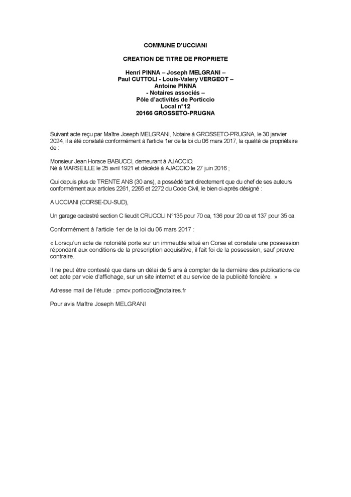 Avis de création de titre de propriété - Commune d'Aucciani (Pumonti)