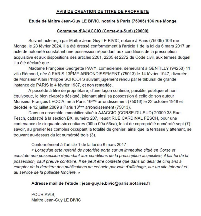Avis de création de titre de propriété - Commune d'Aiacciu (Pumonti)
