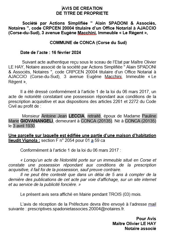 Avis de création de titre de propriété - Commune de Conca (Pumonti)