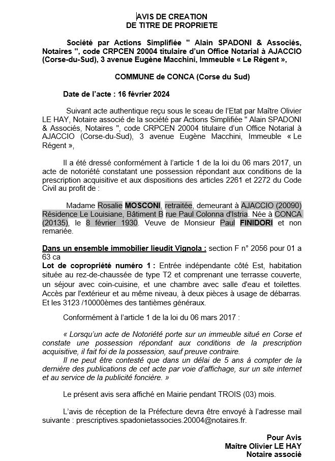 Avis de création de titre de propriété - Commune de Conca (Pumonti)