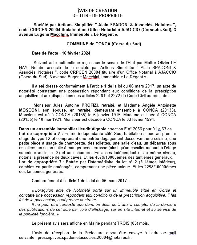 Avis de création de titre de propriété - Commune de Conca (Pumonti)