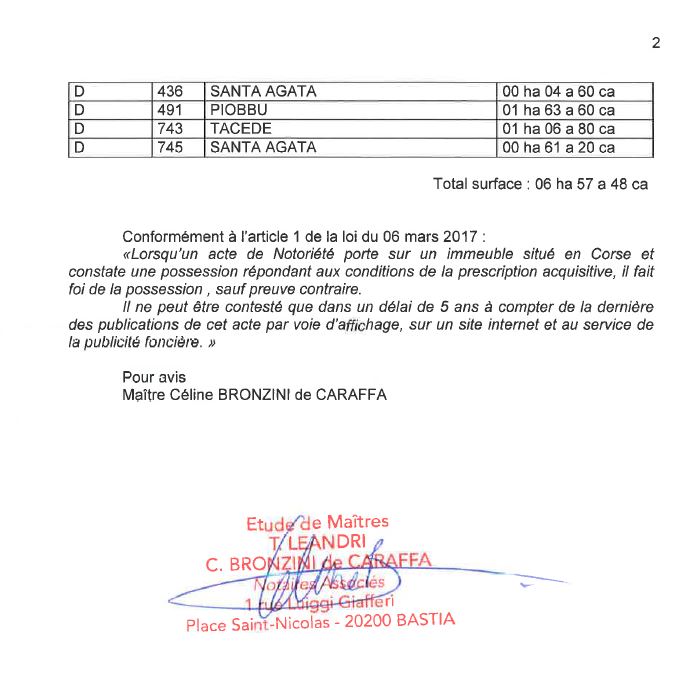 Avis de création de titre de propriété - Commune de Furiani (Cismonte)