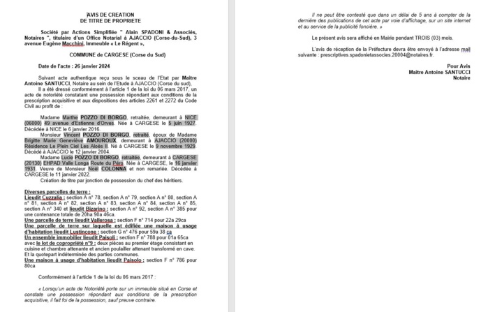 Avis de création de titre de propriété - Commune de Carghjese (Pumonti) Avis de création de titre de propriété - Commune de Carghjese (Pumonti)