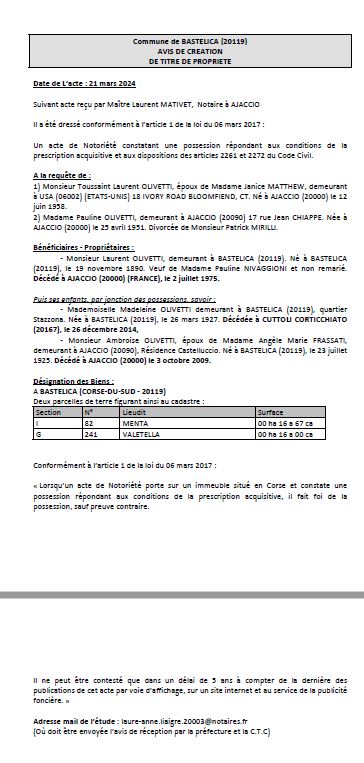 Avis de création de titre de propriété - Commune de Bastelica (Pumonti)