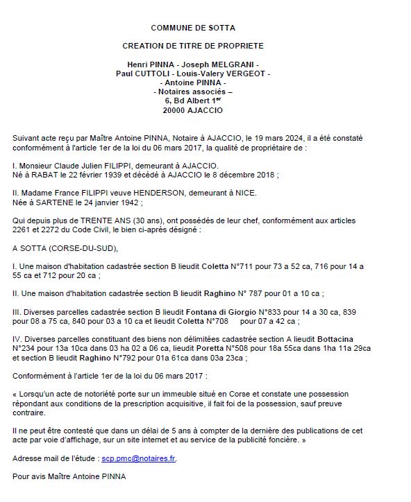 Avis de création de titre de propriété - Commune de Sotta (Pumonti)