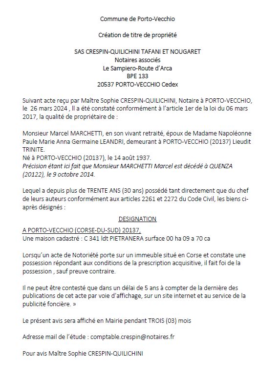 Avis de création de titre de propriété - Commune de Portivechju (Cismonte) Avis de création de titre de propriété - Commune de Portivechju (Cismonte)