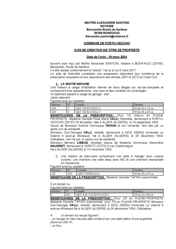 Avis de création de titre de propriété - Commune de Portivechju (Cismonte) Avis de création de titre de propriété - Commune de Portivechju (Cismonte)