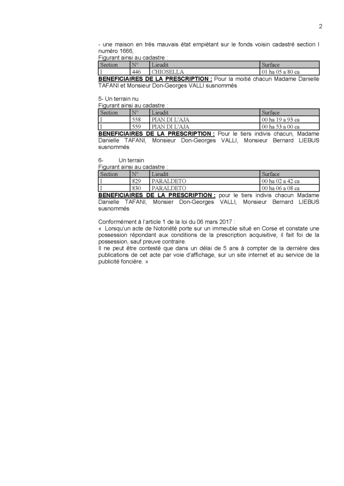 Avis de création de titre de propriété - Commune de Portivechju (Cismonte)