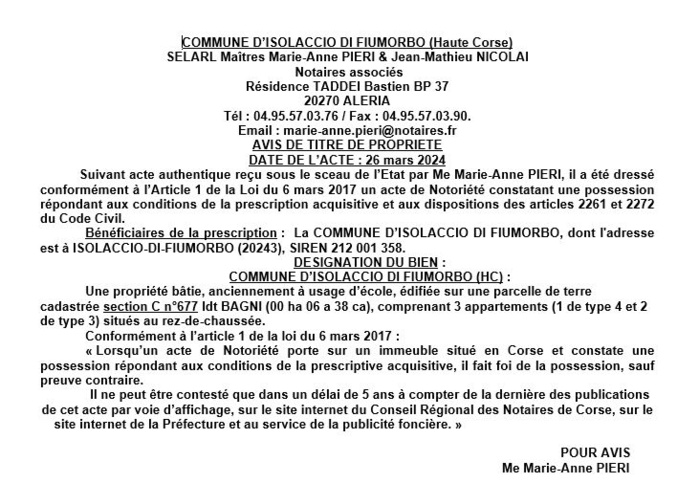 Avis de création de titre de propriété - Commune de L'Isulacciu di Fiumorbu (Cismonte)