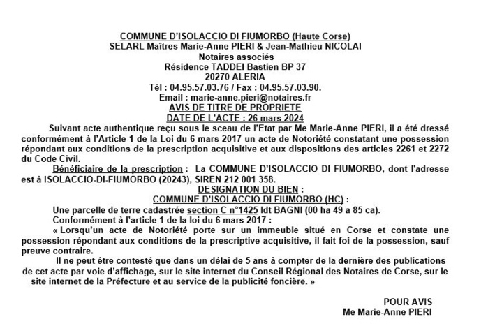 Avis de création de titre de propriété - Commune de L'Isulacciu di Fiumorbu (Cismonte)