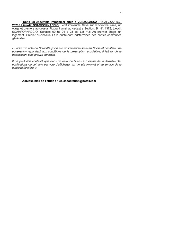 Avis de création de titre de propriété - Commune d'A Venzulasca (Cismonte) Avis de création de titre de propriété - Commune d'A Venzulasca (Cismonte)