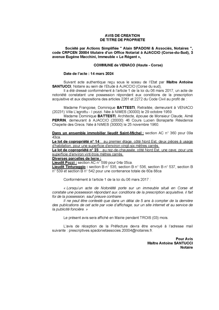 Avis de création de titre de propriété - Commune de Venacu (Cismonte) Avis de création de titre de propriété - Commune de Venacu (Cismonte)