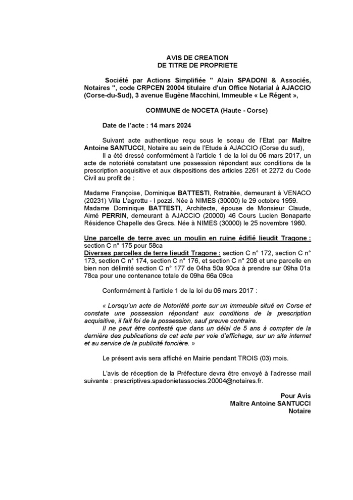 Avis de création de titre de propriété - Commune de Nuceta (Cismonte) Avis de création de titre de propriété - Commune de Nuceta (Cismonte)