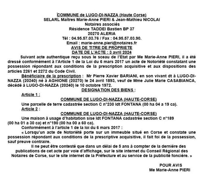 Avis de création de titre de propriété - Commune de U Lugu di Nazza (Cismonte) Avis de création de titre de propriété - Commune de U Lugu di Nazza (Cismonte)