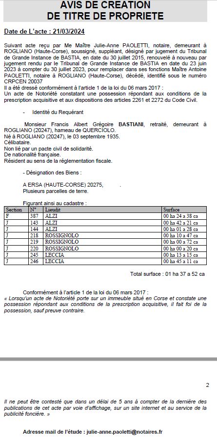 Avis de création de titre de propriété - Commune de Ersa (Cismonte)