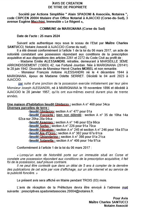 Avis de création de titre de propriété - Commune de Marignana (Pumonti)