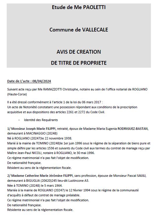 Avis de création de titre de propriété - Commune de Vallecalle (Cismonte)