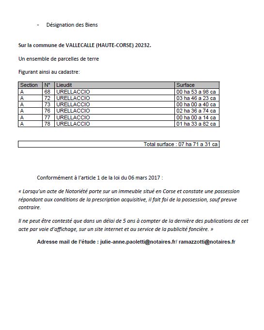 Avis de création de titre de propriété - Commune de Vallecalle (Cismonte)