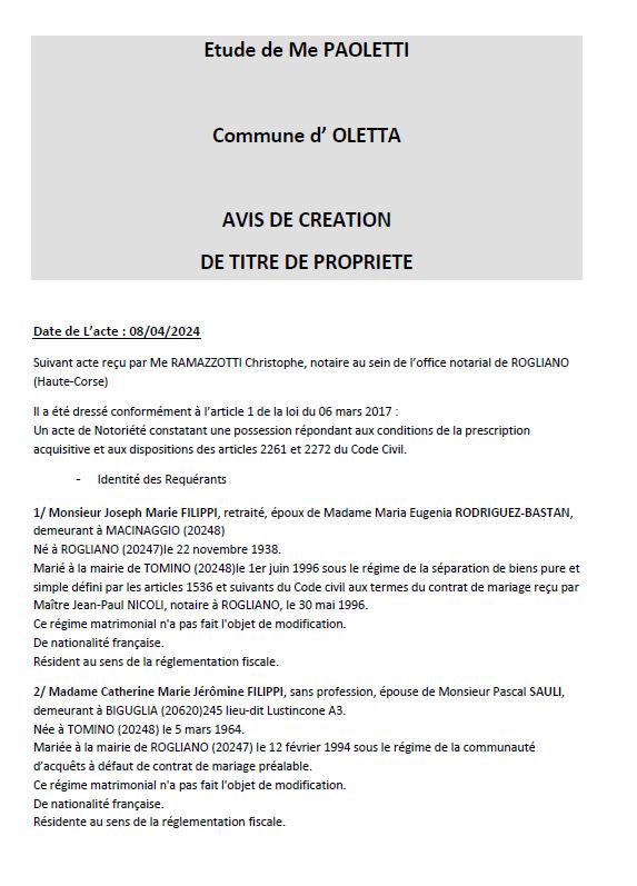 Avis de création de titre de propriété - Commune de Oletta (Cismonte)