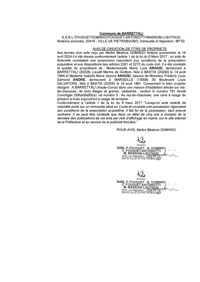 Avis de création de titre de propriété - Commune de Barrettali (Cismonte) Avis de création de titre de propriété - Commune de Barrettali (Cismonte)