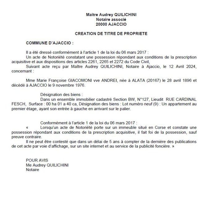 Avis de création de titre de propriété - Commune de Aiacciu (Pumonti) Avis de création de titre de propriété - Commune de Aiacciu (Pumonti)