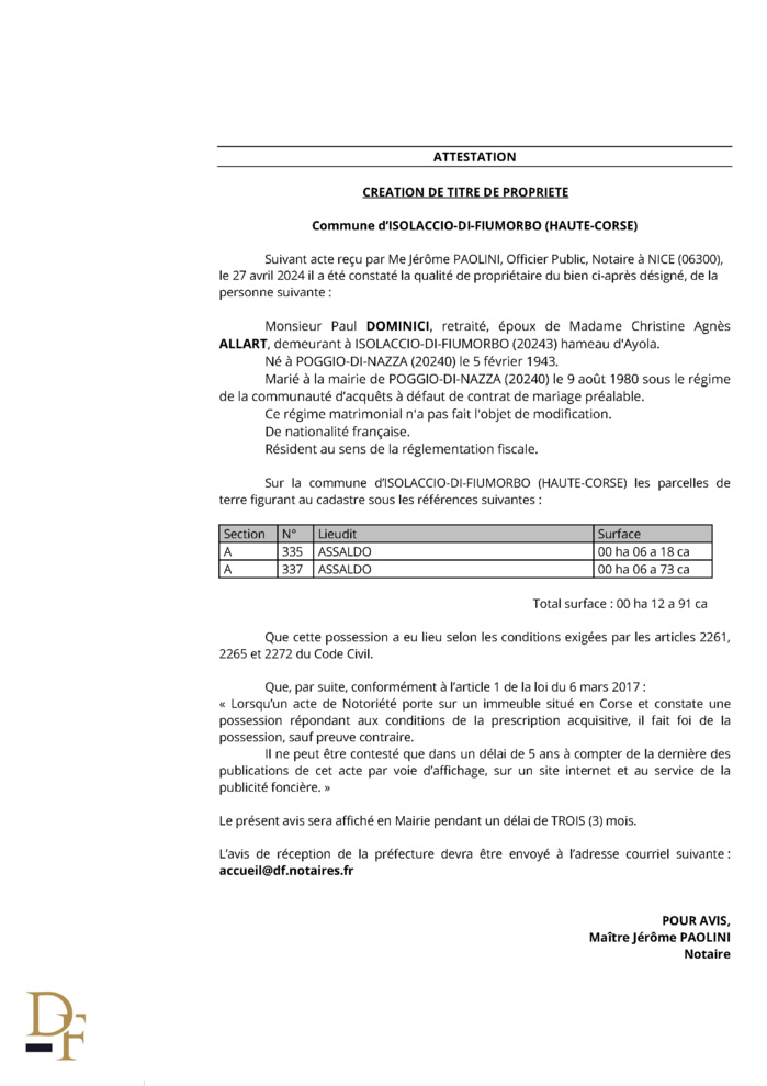 Avis de création de titre de propriété - Commune de L'Isulacciu di Fiumorbu (Cismonte)