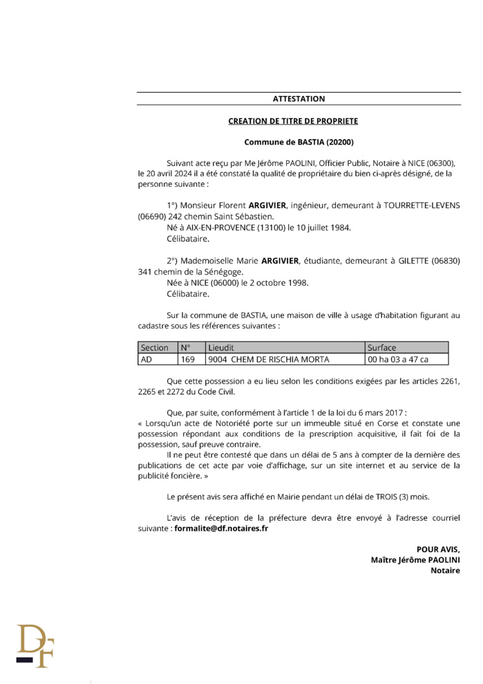 Avis de création de titre de propriété - Commune de Bastia (Cismonte) Avis de création de titre de propriété - Commune de Bastia (Cismonte)