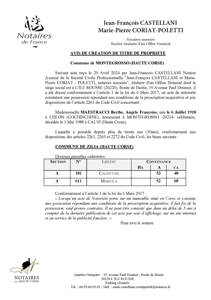 Avis de création de titre de propriété - Commune de ZIlia (Cismonte)